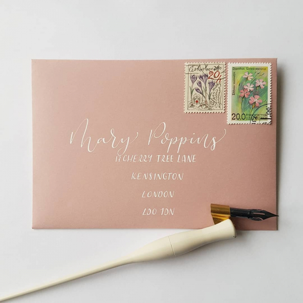 pink-envelope-white-ink-mary-poppins-modern-calligraphy-envelope-letter